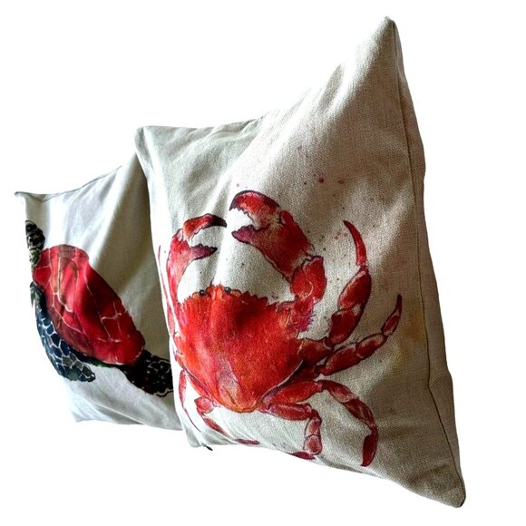 Sea Turtle Crab Throw Pillow Cover Hand Painted Art Deco Chair Beach House READ - Picture 8 of 12